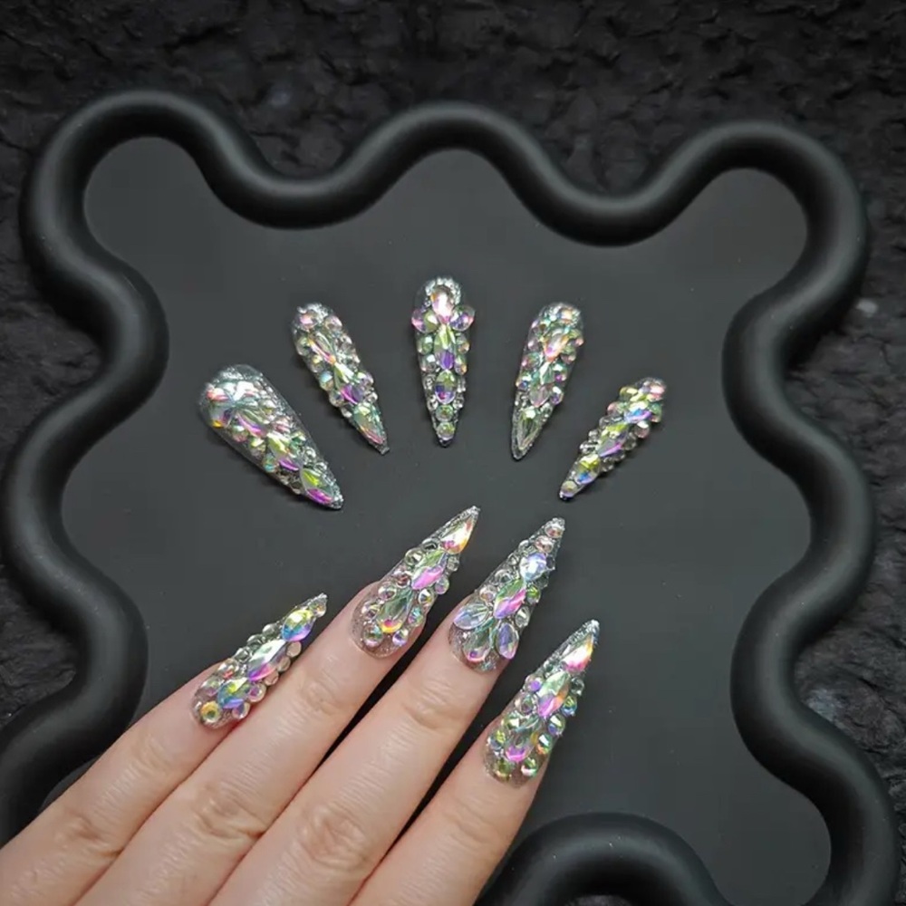✨ 10pc Iridescent Rhinestone Press-On Nails - Size L - Glam Long Coffin Set ✨ - Picture 5 of 6